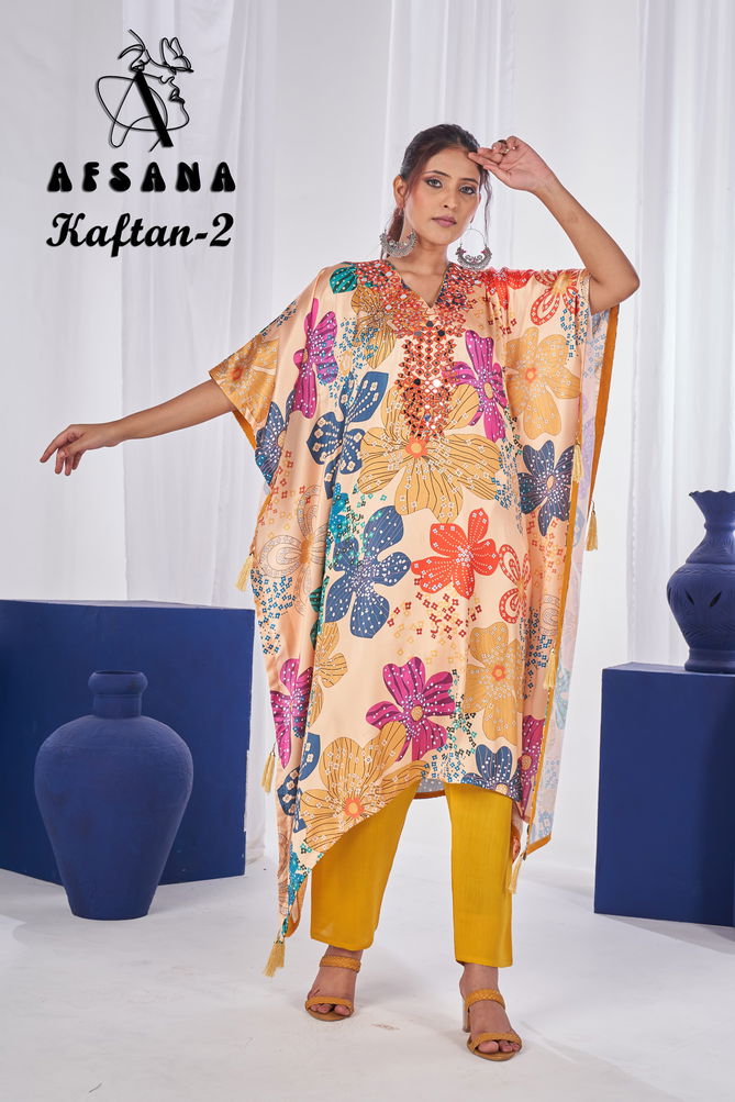 Kaftan 2 By Afsana Satin Digital Printed Kaftan Kurti With Bottom Wholesalers In Surat	